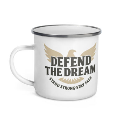 P4A - Patriotic Enamel Mug – Defend the Dream | Rugged Camping Coffee Cup